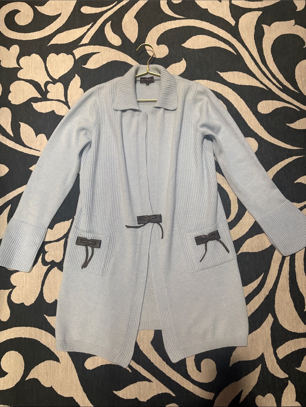 Rani Arabella Light Blue Cashmere Cardigan with Leather Bow Trim